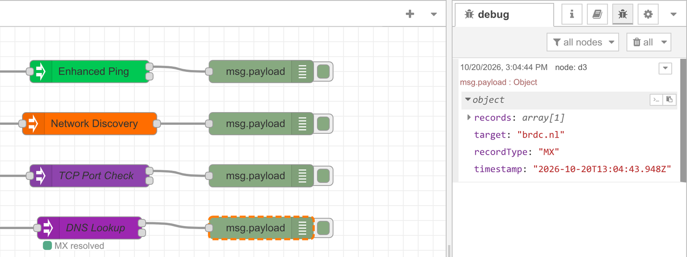 Resultaat van een DNS-lookup (MX) in de debug-sidebar