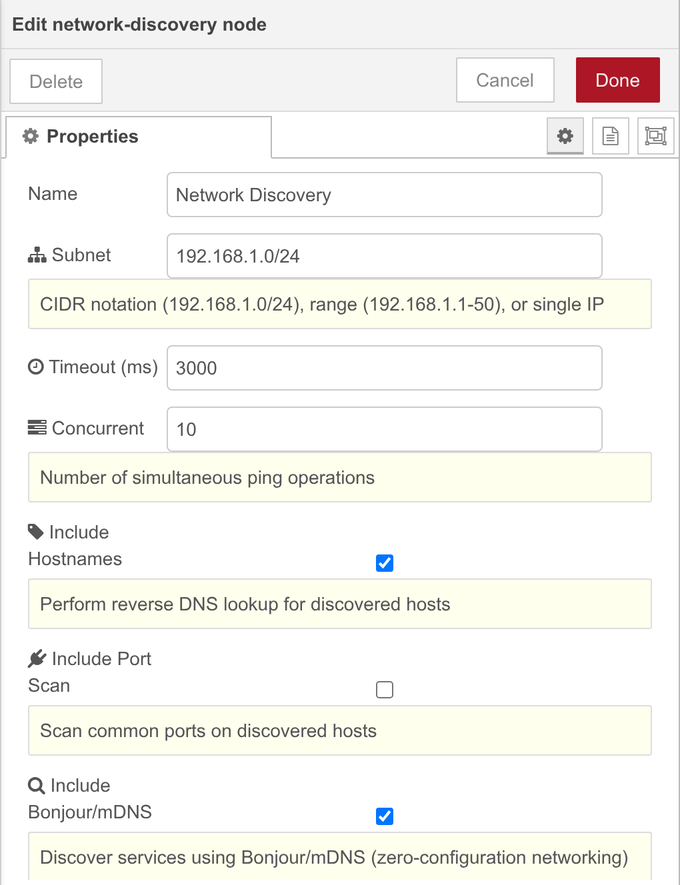 Instellingen van de Network Discovery-node